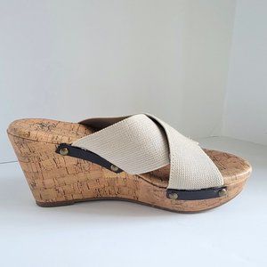 Faded Glory Tan Cork Wedge Criss Cross Sandal Size 6.5